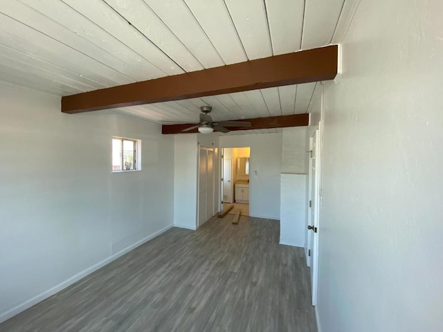 unfurnished room featuring beam ceiling, ceiling fan, and hardwood / wood-style floors