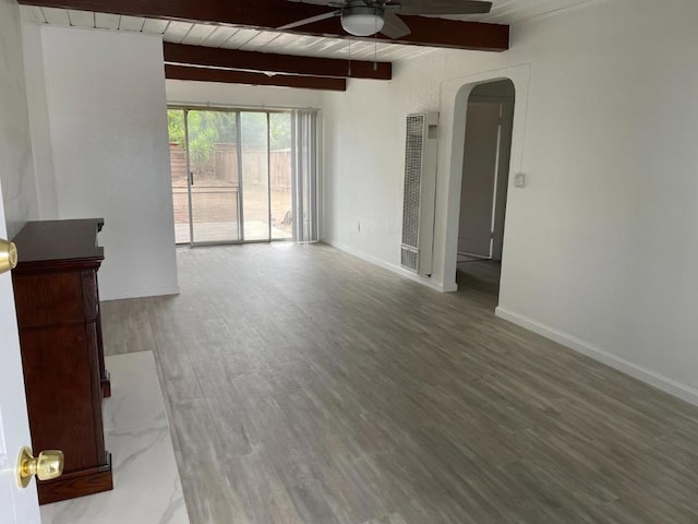 unfurnished living room with ceiling fan, wooden ceiling, beamed ceiling, and wood-type flooring