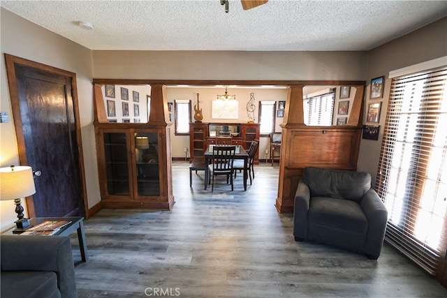 interior space with ornate columns, hardwood / wood-style flooring, a healthy amount of sunlight, and a textured ceiling