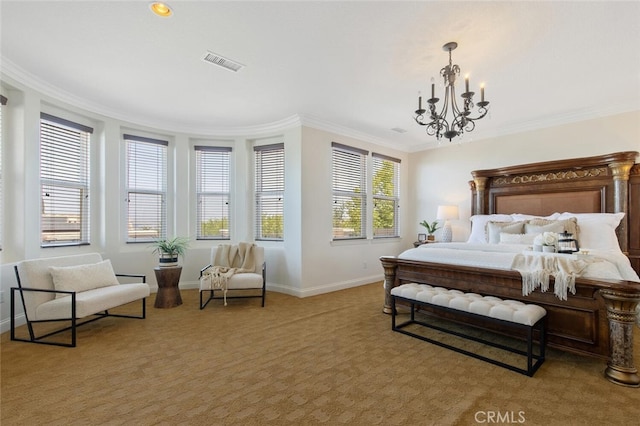 carpeted bedroom featuring multiple windows, ornamental molding, and a chandelier