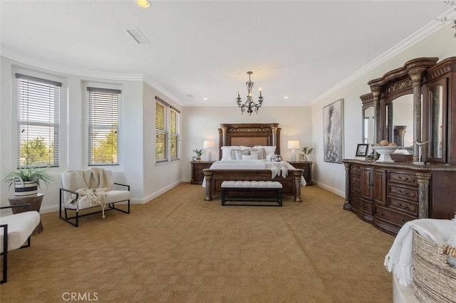 bedroom featuring ornamental molding, light colored carpet, and a chandelier