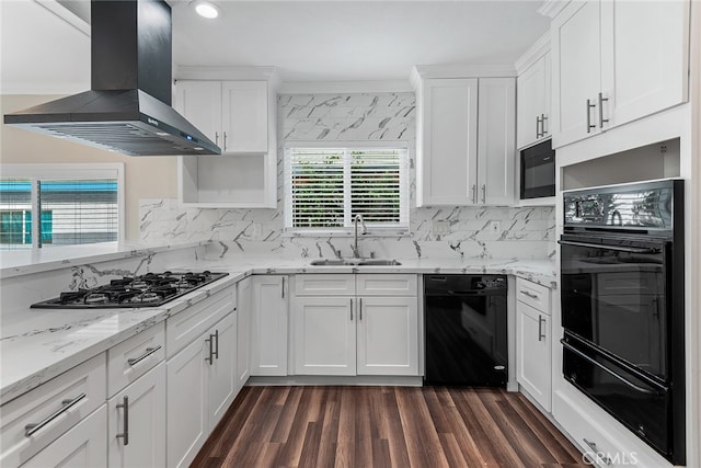 kitchen with dark hardwood / wood-style floors, ventilation hood, black appliances, sink, and white cabinets