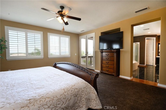 bedroom featuring carpet flooring, ceiling fan, french doors, and access to outside