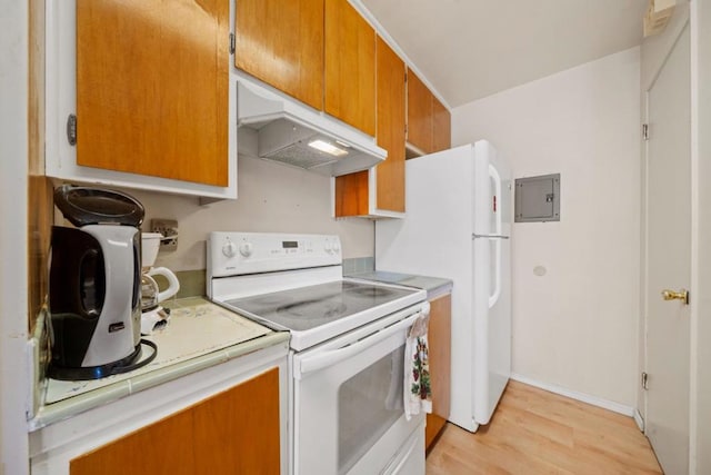 kitchen featuring white appliances, light hardwood / wood-style floors, and electric panel