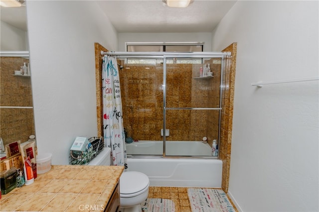 full bathroom with vanity, tile patterned floors, toilet, and shower / tub combo with curtain