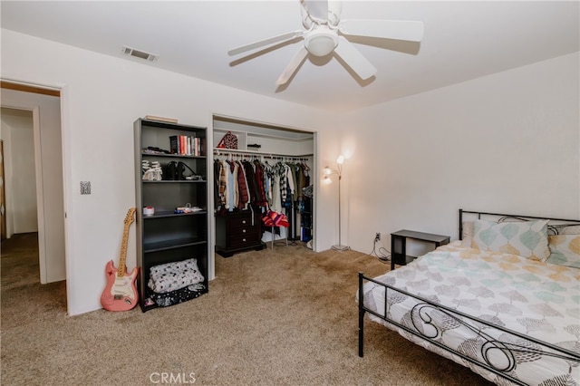 bedroom featuring a closet, carpet flooring, and ceiling fan