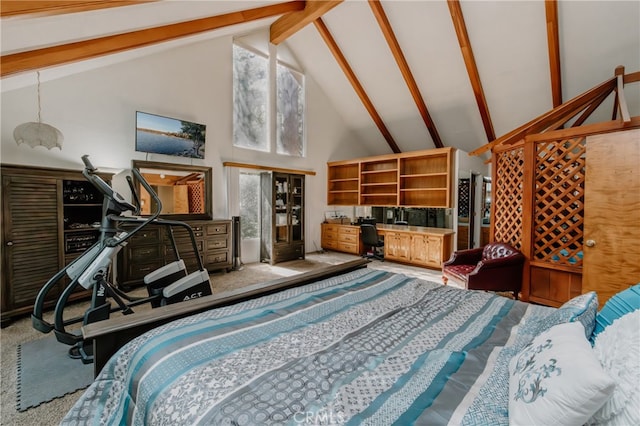 bedroom featuring beam ceiling and high vaulted ceiling