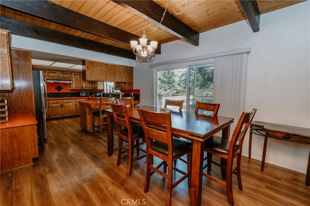 dining area featuring beamed ceiling, wood ceiling, a chandelier, and dark hardwood / wood-style flooring