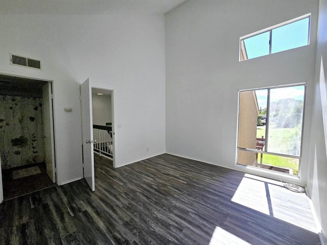 interior space featuring dark wood-type flooring and a high ceiling