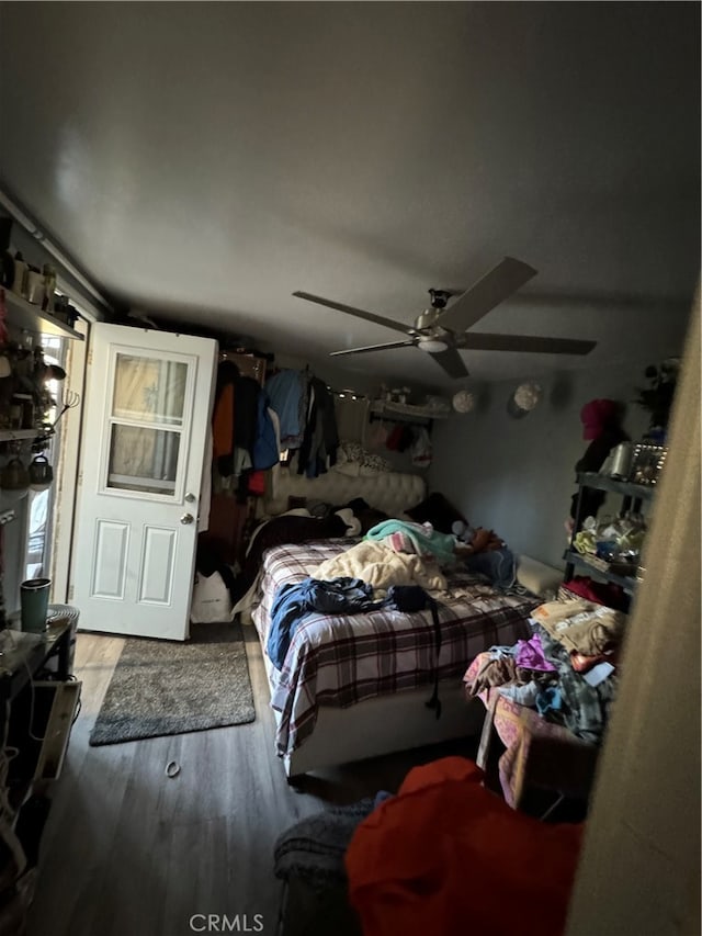 bedroom with ceiling fan and wood-type flooring