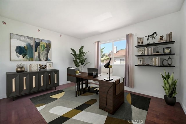 home office with dark wood-type flooring