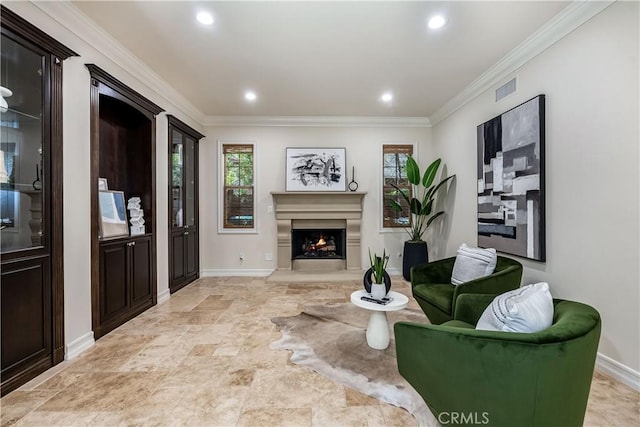 living room with crown molding