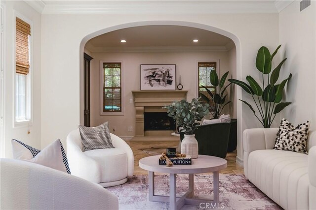 living room with light hardwood / wood-style flooring, a healthy amount of sunlight, and ornamental molding