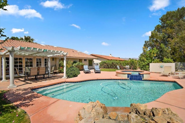 view of swimming pool featuring pool water feature, a pergola, an in ground hot tub, and a patio