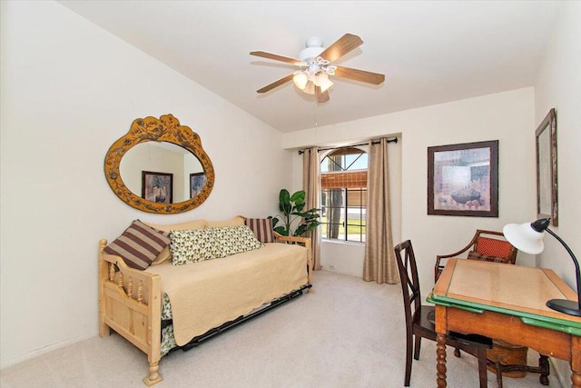 bedroom featuring carpet, ceiling fan, and lofted ceiling