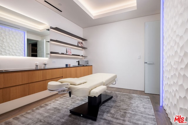 interior space featuring oversized vanity, a raised ceiling, and hardwood / wood-style floors