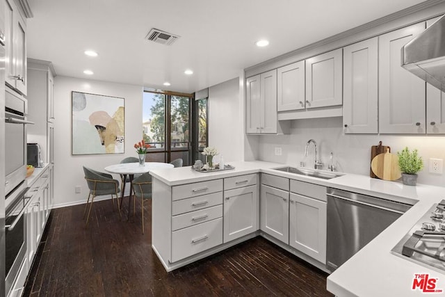 kitchen with appliances with stainless steel finishes, sink, dark wood-type flooring, and kitchen peninsula