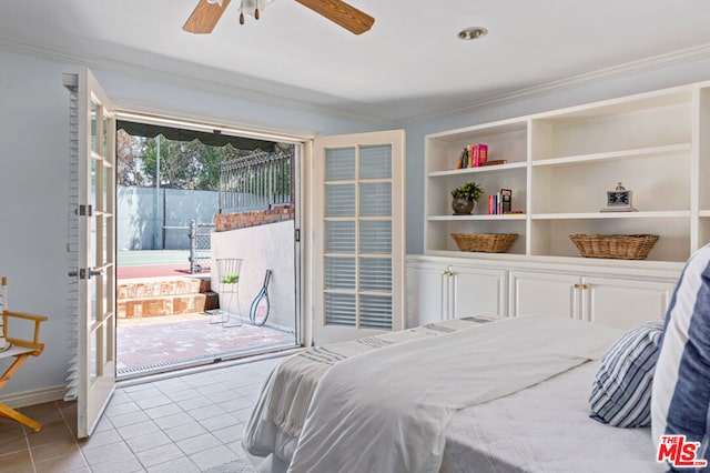 bedroom with crown molding, light tile flooring, ceiling fan, and access to exterior