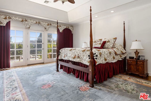 bedroom with ornamental molding, ceiling fan, and access to exterior