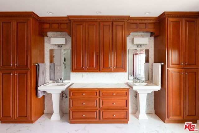 bathroom with tile flooring and double sink