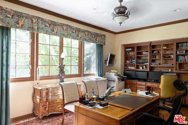 office space featuring ceiling fan and ornamental molding