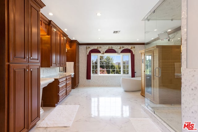 bathroom with crown molding, tile flooring, a shower with shower door, and vanity