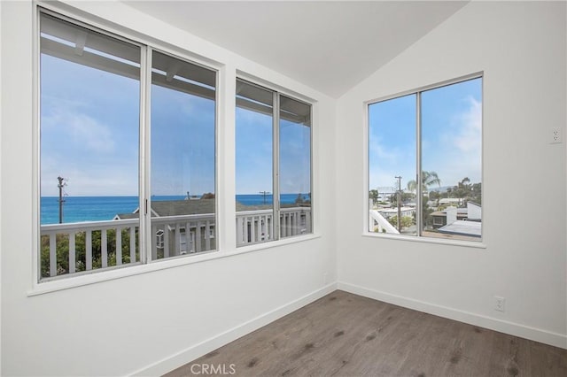 interior space with a water view and lofted ceiling