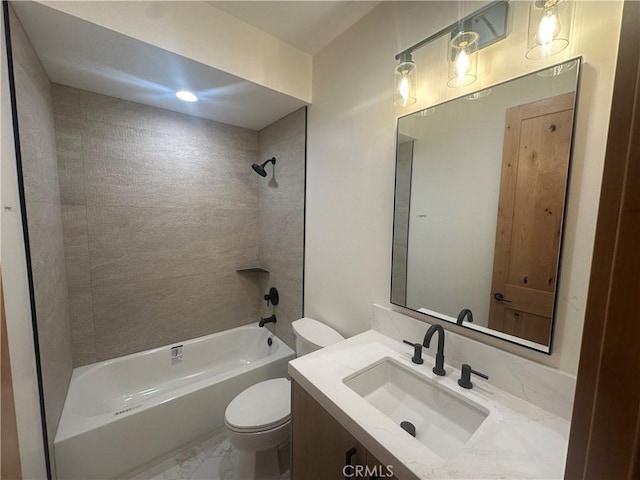 full bathroom with tiled shower / bath combo, vanity, and toilet