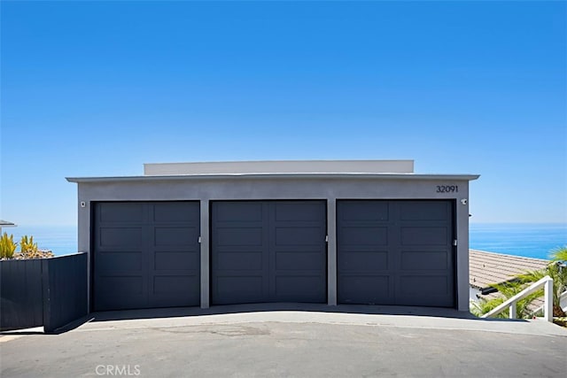 garage with a water view