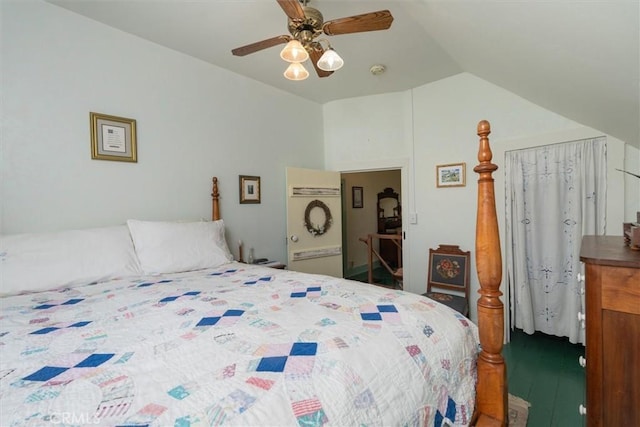 bedroom with ceiling fan and lofted ceiling