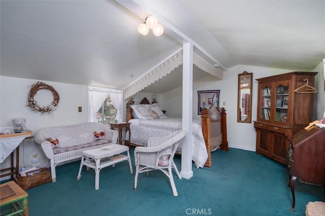 carpeted bedroom featuring vaulted ceiling