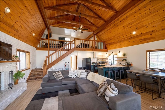 living room with wooden ceiling, high vaulted ceiling, sink, ceiling fan, and light hardwood / wood-style floors