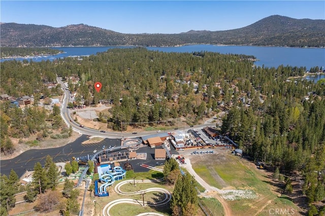 bird's eye view with a forest view and a water and mountain view