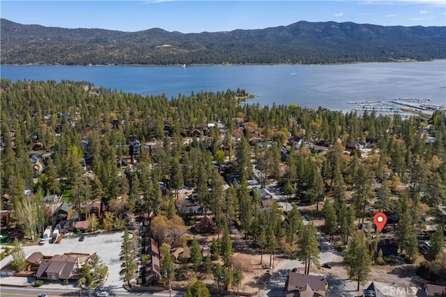 drone / aerial view with a water and mountain view