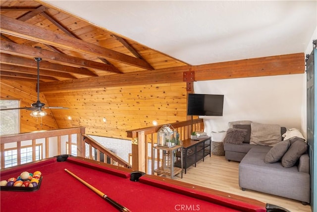 playroom with lofted ceiling with beams, wooden ceiling, wooden walls, pool table, and wood finished floors