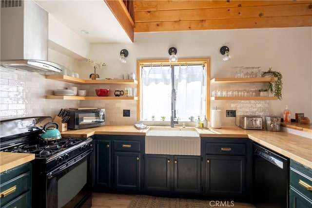 kitchen with open shelves, black appliances, wood counters, and ventilation hood