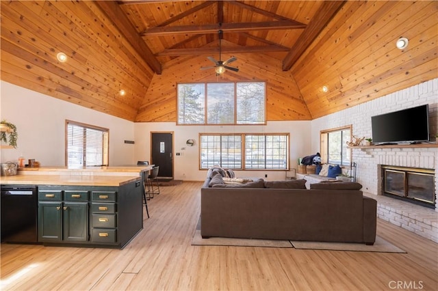 living area with a healthy amount of sunlight, light wood-style floors, wood ceiling, and a fireplace