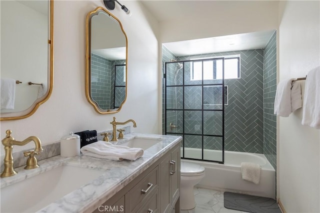 full bath with shower / bath combination with glass door, a sink, marble finish floor, and double vanity