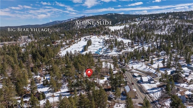 snowy aerial view featuring a mountain view