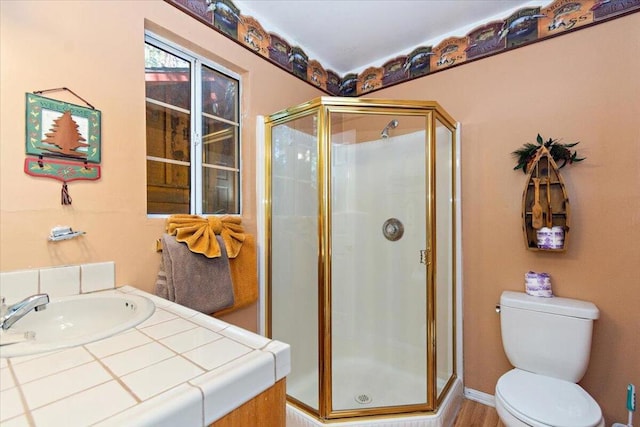 bathroom featuring hardwood / wood-style floors, vanity, a shower with shower door, and toilet