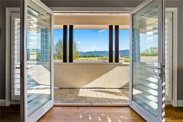 doorway to outside featuring a mountain view, hardwood / wood-style floors, and a wealth of natural light