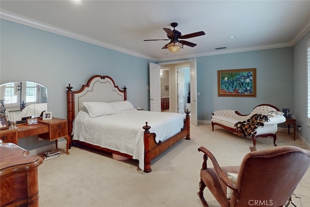 bedroom featuring carpet, ornamental molding, and ceiling fan