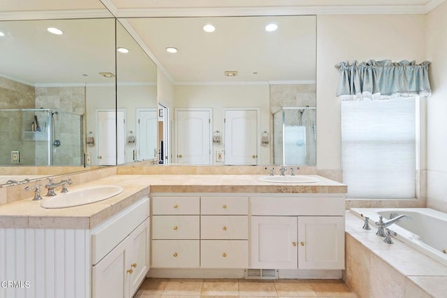 bathroom featuring crown molding and plus walk in shower