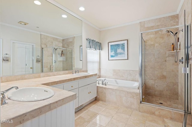 bathroom featuring tile patterned flooring, ornamental molding, vanity, and plus walk in shower