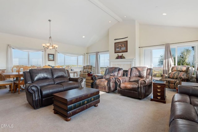 carpeted living room featuring beamed ceiling, a notable chandelier, and high vaulted ceiling