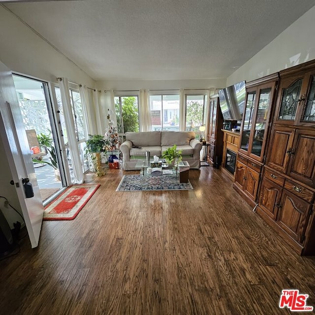 living room featuring a textured ceiling, dark hardwood / wood-style floors, and lofted ceiling