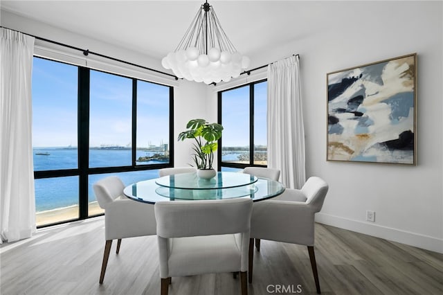 dining area featuring a water view, hardwood / wood-style floors, and a chandelier