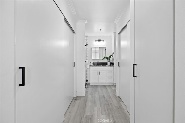 hall featuring crown molding and light hardwood / wood-style floors