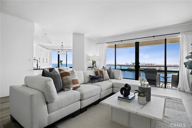 living room featuring a water view, a chandelier, and light wood-type flooring