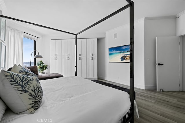 bedroom featuring hardwood / wood-style flooring, ornamental molding, and two closets